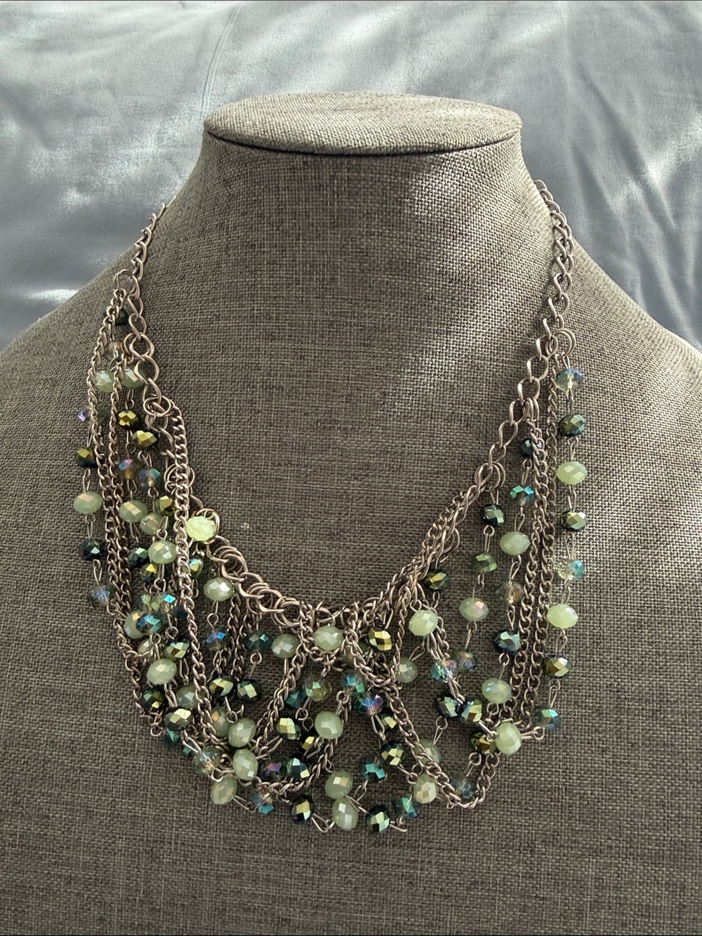 Layered Green Beaded Statement Necklace with Silver-Tone Chains